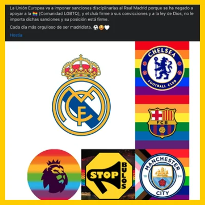 ￼Sancionan al Real Madrid por negarse a apoyar a la comunidad LGTBIQ+.