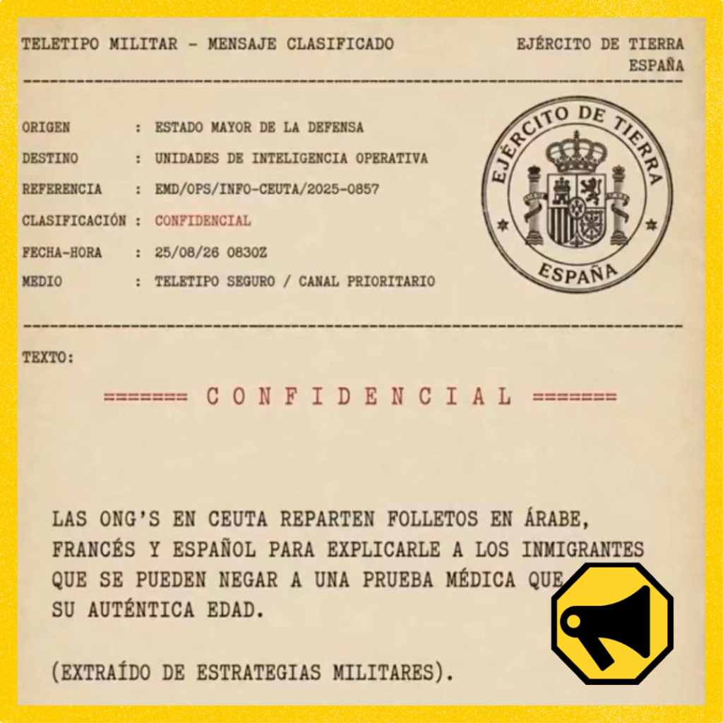No, el Ejército no ha difundido un teletipo que acusa a las ONG de enseñar a ocultar la edad